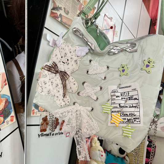 Y2K Light Green Convertible Bag with Quilted Bear Applique & Lace-Up Detail