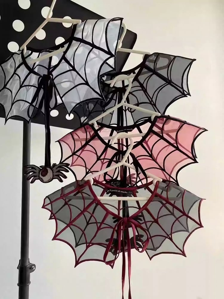 Red and Black Spider Web Embroidery Organza Fake Collar with Detachable Butterfly and Moth Brooch
