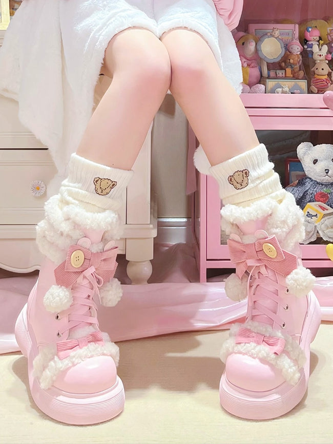 PU Pink Sweet Lolita Platform Snow Boots - Plush Lining with Bear Ear Accents & Bow Details