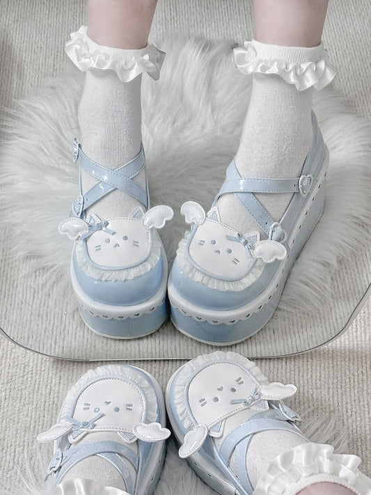 Tenshi Kaiwai Blue Round Toe Kitty Angel Heart Buckle Platform Lolita Shoes