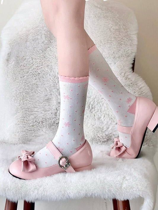 Pink Snowflakes Print Polka-dot Pattern Lolita Calf Socks