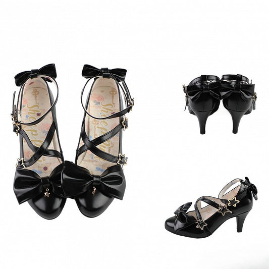 Black Bow at Top Star Buckle Straps High Heels
