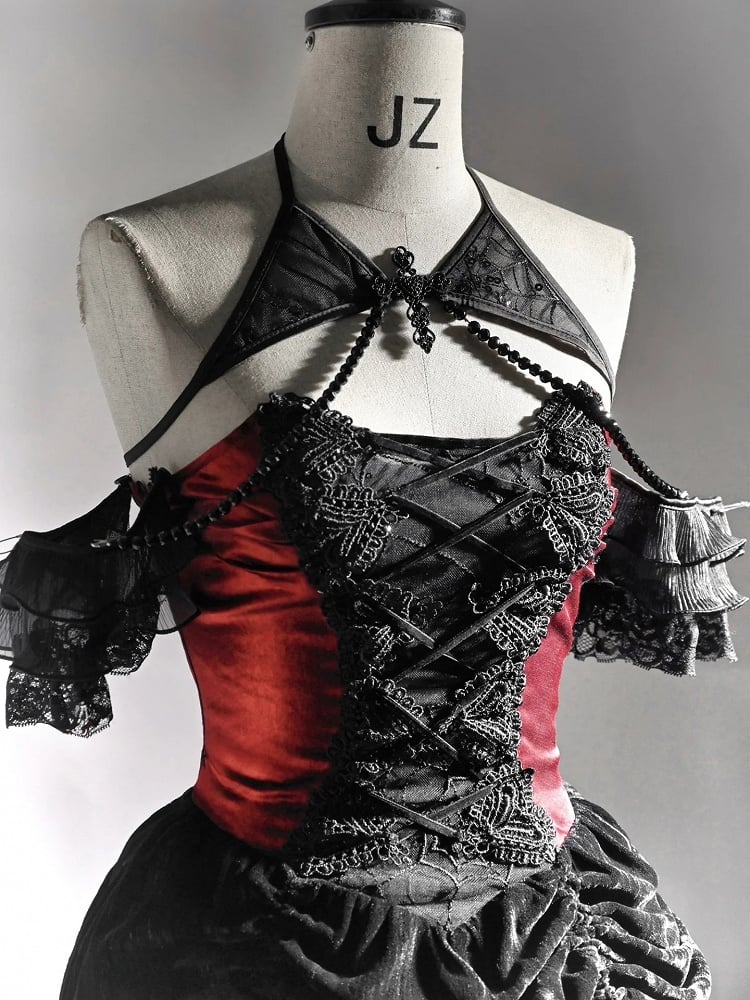 Black and Dark Red Gothic Vampire Lace Up Bodice Drawstring Skirt Dress