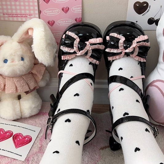 Black and Pink Bow at Top High Block Heel Mary Janes Buckle Ankle Strap