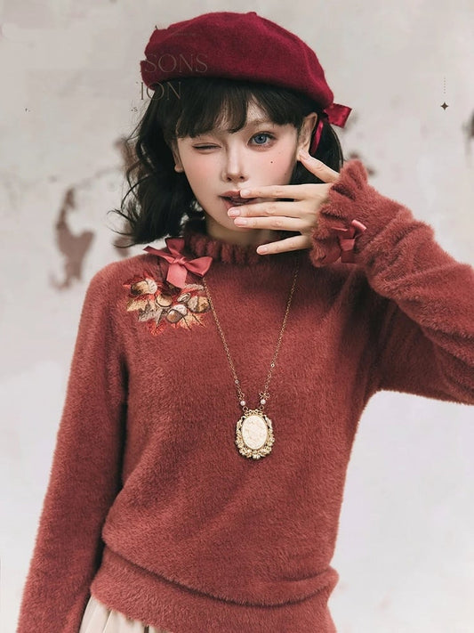 Maple Leaf Embroidery Neckline Bowknot on Cuffs Brick Red Autumn Knit Top