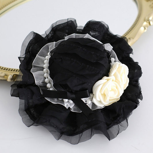 Black Beaded Decorated Camellia Design Lace Trim Mini Hat