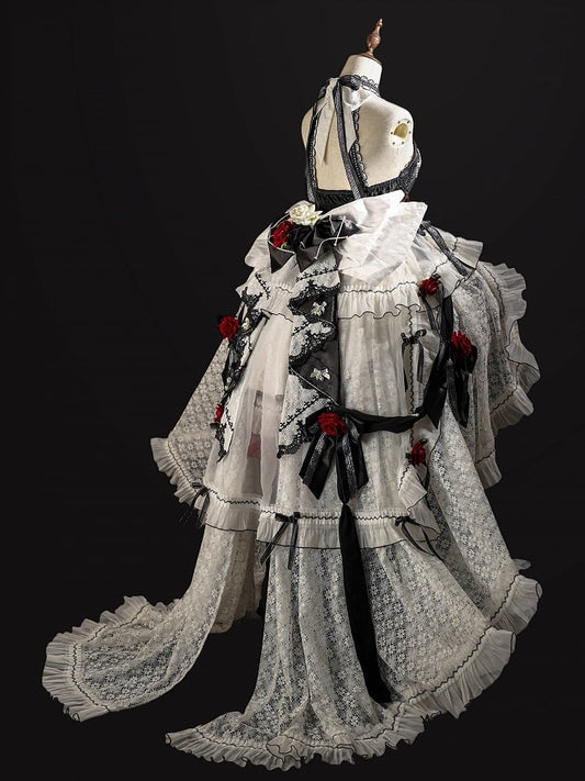 Black and Red Halter Neck Little Witch Lolita Backless Dress + High-low Skirt Full Set