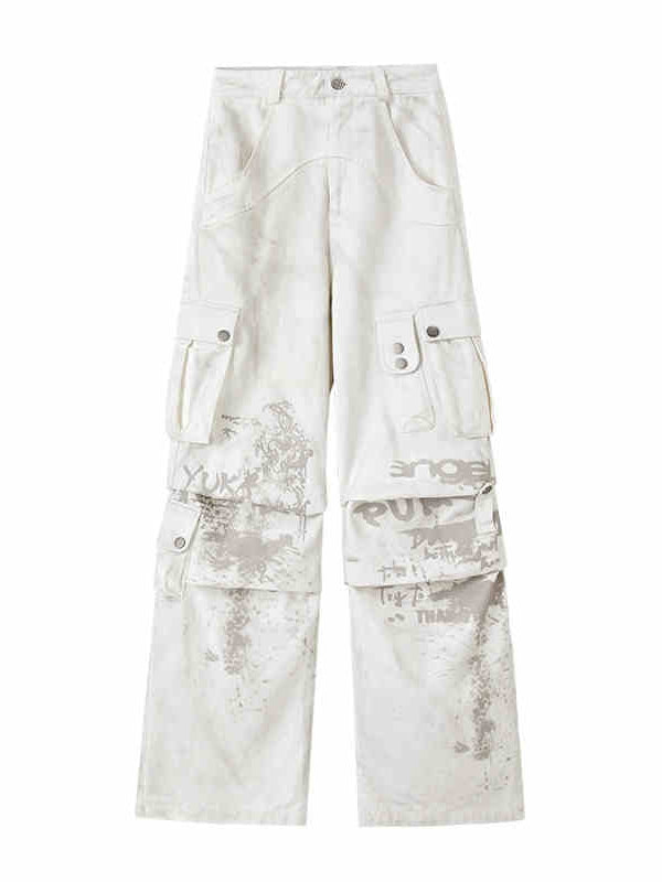 Punk White Distressed Streetwear Wide Leg Cargo Jeans