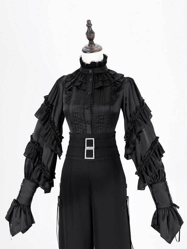 Ruffled High Neck Black Bead Chain and Cascading Ruffles Long Sleeves Siren Shirt