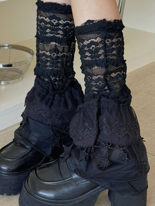 Black/White Y2K Floral Pattern Ruffled Cuff Star Charms Leg Sleeves