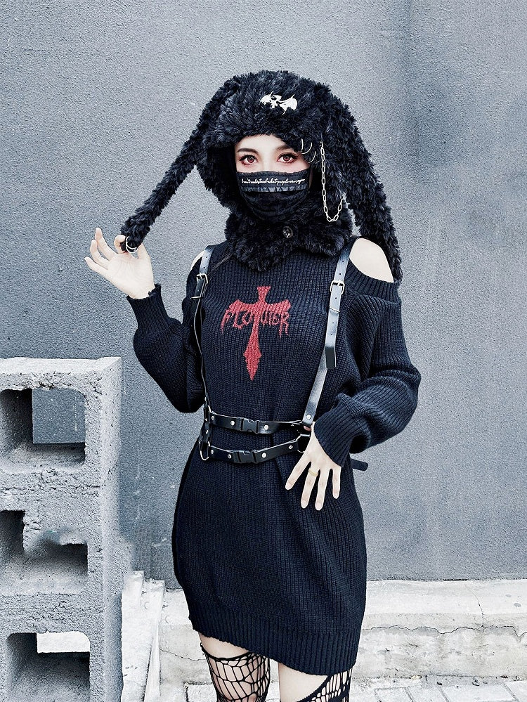 Punk Chains Black Rabbit Ears Plush Hat