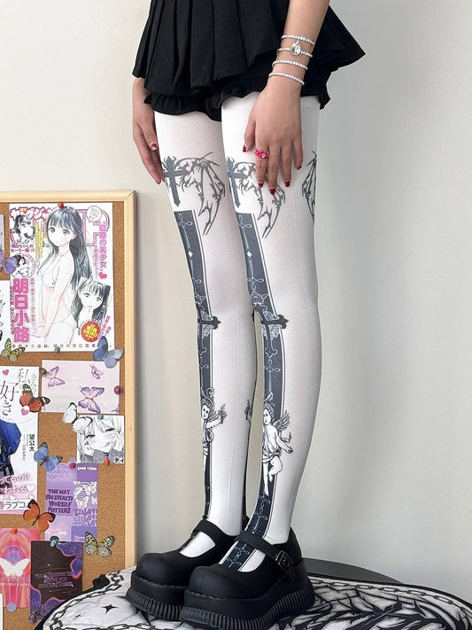White Cross And Angel Print Tights