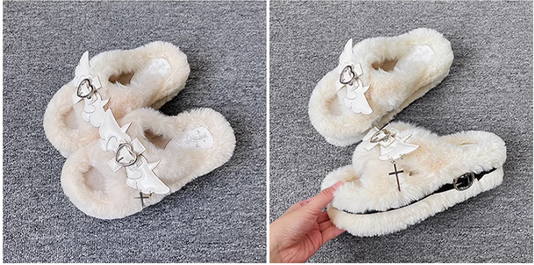 Cross Wings Decorated White Plush Platform Slippers Punk Winter Shoes