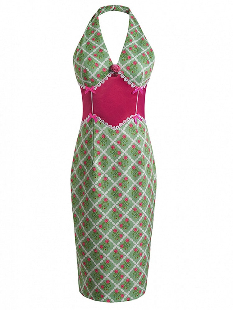 Vintage Green Plaid and Floral Pattern Backless Sheath Dress