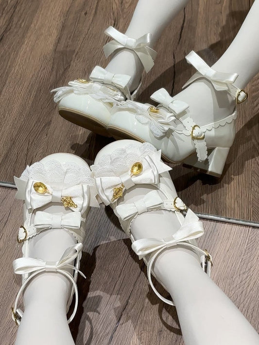Clearance-Size 39 Sweet Lolita Beige Scoop Decorated Bowknot Details Round-Toe High Block Heels Mary Janes