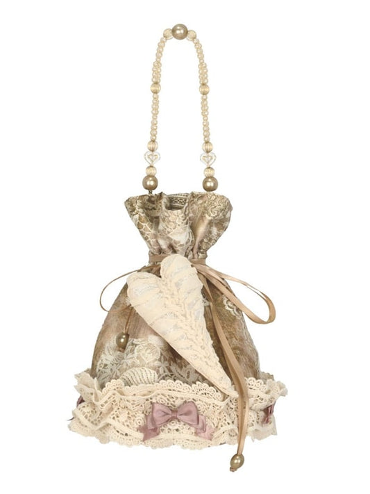 Lace and Bow Accents Vintage Drawstring Top Hand Bag with Heart Pin