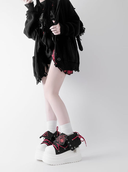 Black & Red Punk Spider Print Platform Sneakers