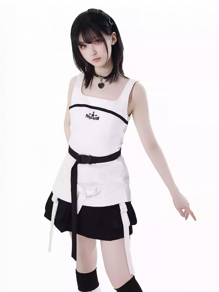 Wasteland Punk White Square Neck Techwear Tank Top with Snap Belt