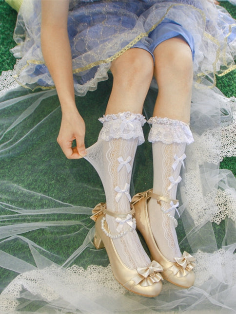 White/Cream Yellow Ruffled Lace Cuff Bows Calf Socks