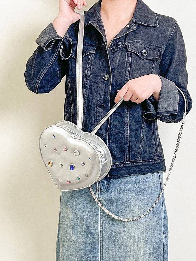Sparkling Silver Heart-Shaped Backpack With Rhinestone Embellishments