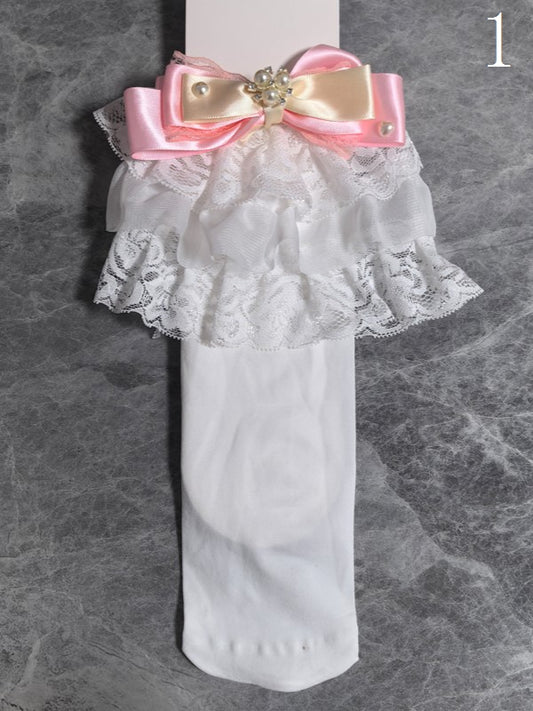 14 Options Black/White Lolita Calf Socks With Bowknot Details And White Lace Cuffs