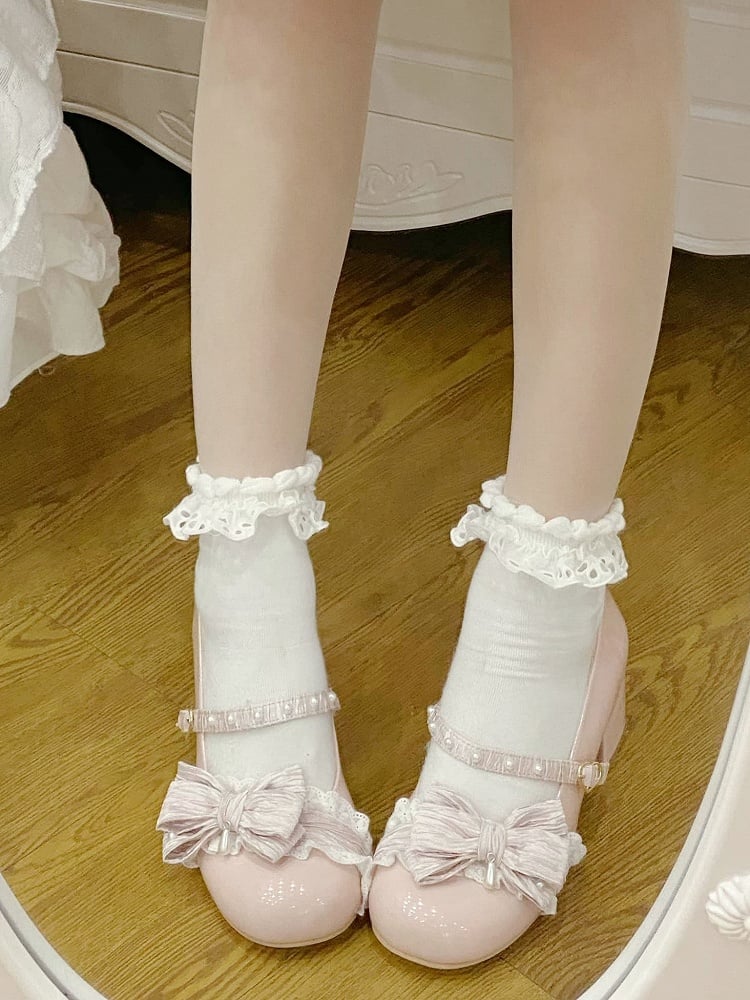 Pink Beaded Decorated Bow at Top 2.5CM/5CM Block Heels Round Toe Shoes