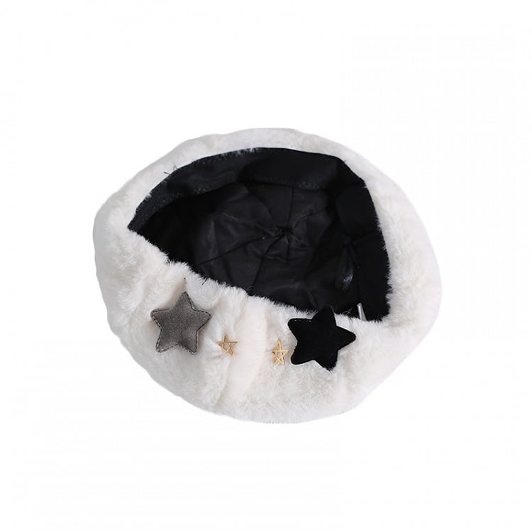 Cute Lolita White Plush Beret with Gray & Black Star Decorations