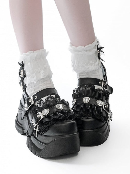 Black Bittersweet Rhinestone Heart Details Cross Charm Ruffles Trim Platforms