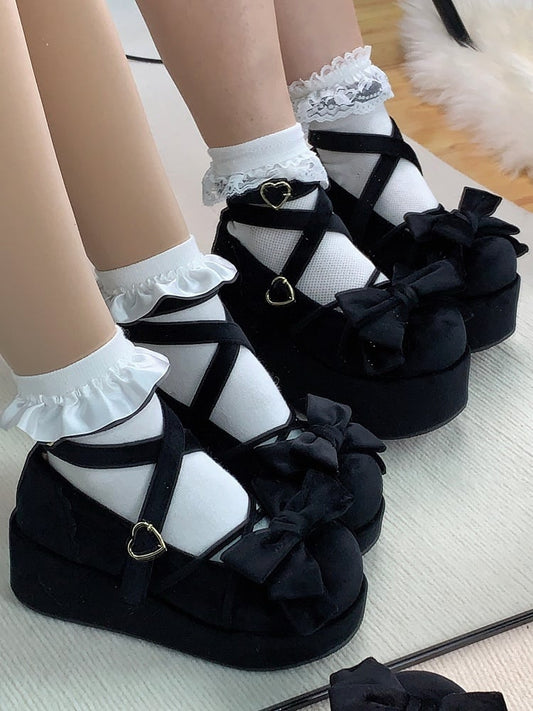 Bow Accents, Crisscross Details & Adorable Buckle Velvet Black Platform Shoes in Sweet Lolita