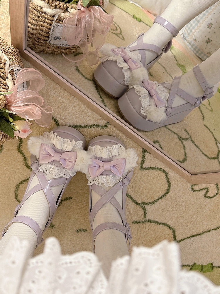 Purple Crisscross Design Plush Bunny Ear Decorated Bow at Top Platforms With Pompon