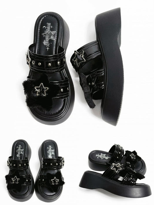 Alt-Goth Black Platform Slippers – Star Buckles, Metal Studs & Fleece Top
