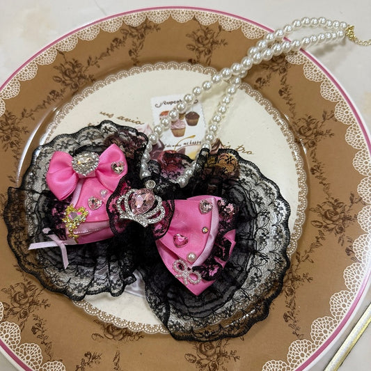 Black&Pink Rhinestone Heart And Crown Decorated Lace Trim Bowknot Pendant Beaded Necklace