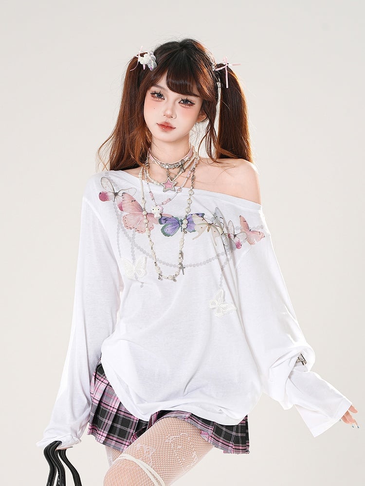 Butterfly-shaped Cutout Detail Back White/Pink Asymmetrical Neckline Top
