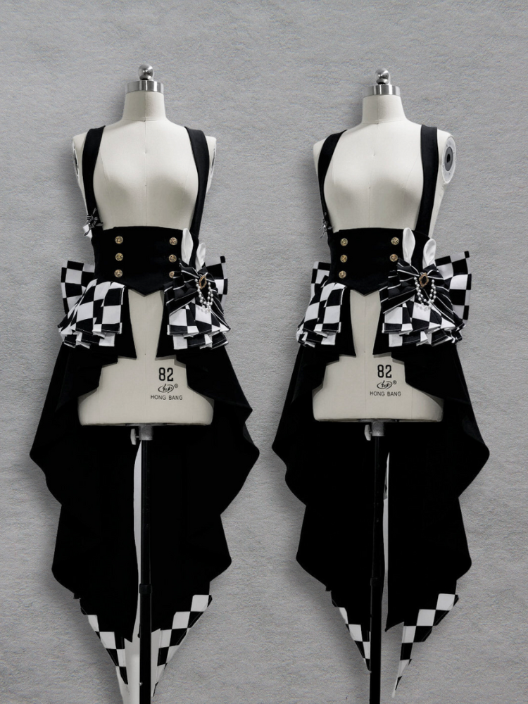 Bunny Theater Chess Pattern Fabric Peplum Swallow Tail Train Corset with Shoulder Straps