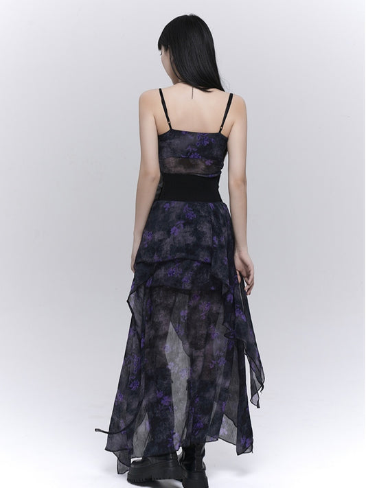 Black & Purple Floral Print Asymmetrical Hem Glamorous Cami Dress