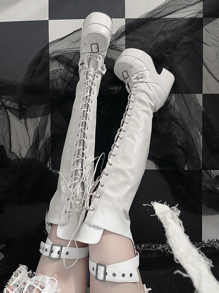 Matte White Front Lace-up Ties Buckle Straps 12CM Heel Platform Thigh-high Boots