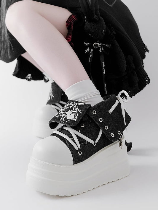 Black & White Punk Spider Print Platform Sneakers