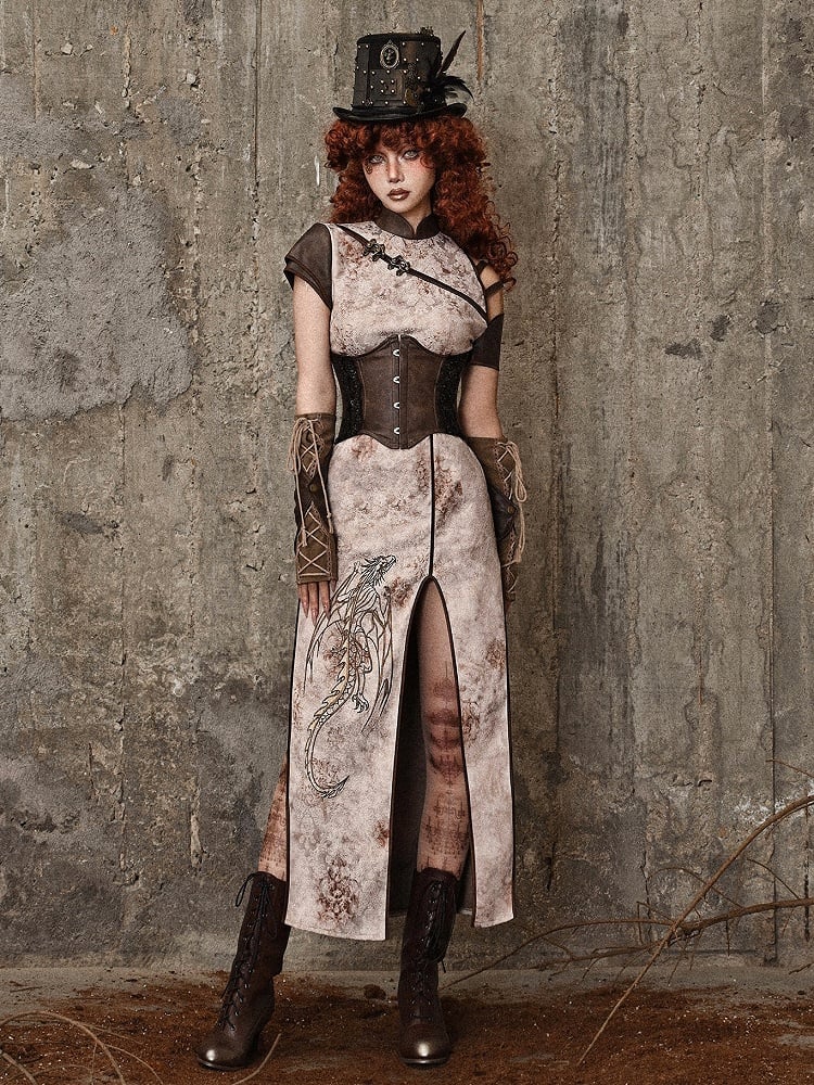 Steampunk Inspired Asymmetrical Sleeves Dragon Embroidery Qipao