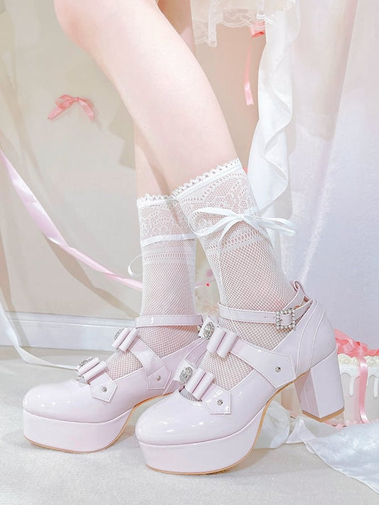 Buckle Ankle Strap Pink Rhinestoned Bowknots Jirai Kei Platform High Heels