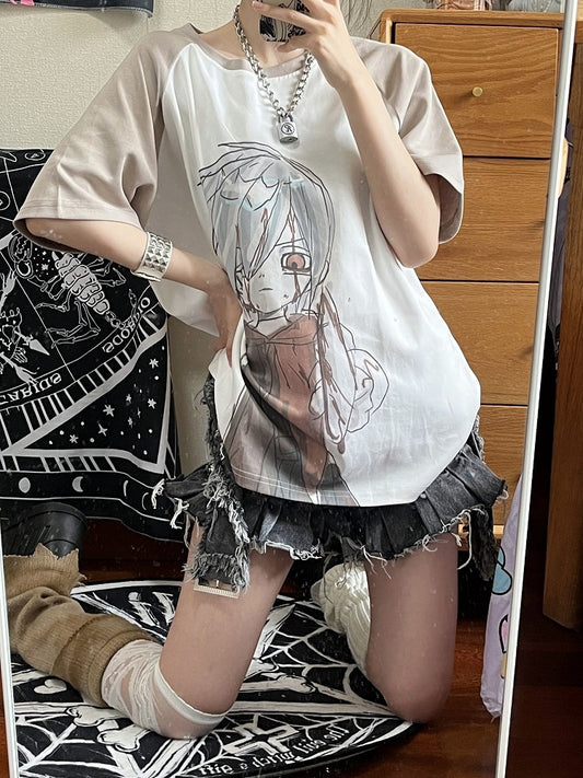 Cartoon Boy Print Khaki and White T-shirt