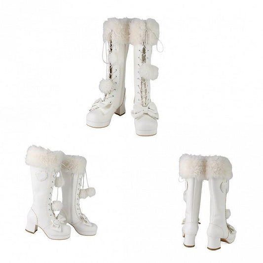 White Sweet Lolita Knee-High Boots - Plush Top Cuff with Bow Embellishments & Lace+Zip System