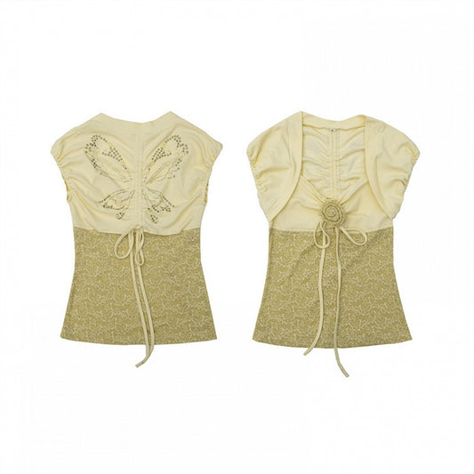 Floral Design Light Yellow Butterfly Jacquard Top