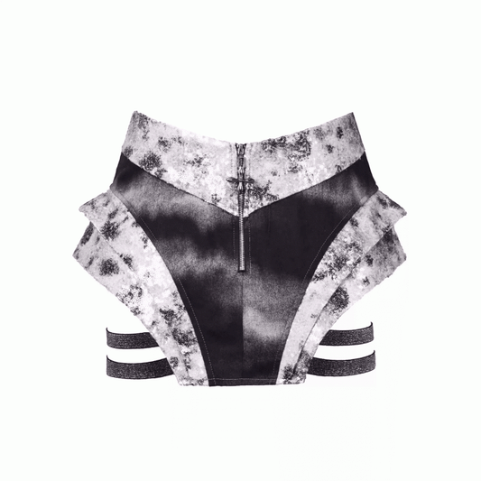 Y3K Fashion Futuristic Black and Silver Low-Waist Side Elastic Bands Cyberpunk Asymmetrical Skort