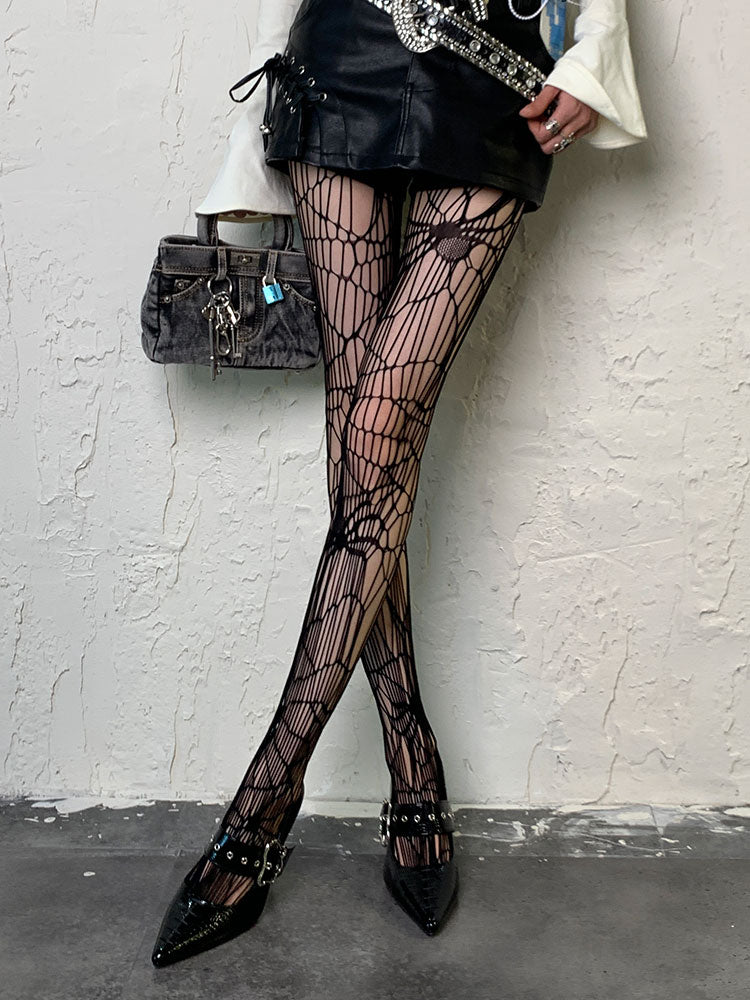 Black Spider Asymmetrical Design Hollow-out Tights