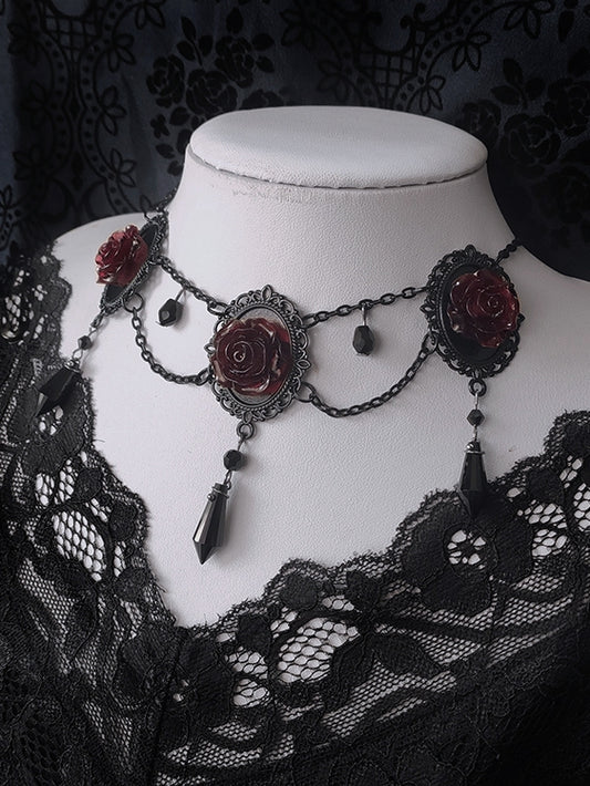 Vintage Black and Red Gothic Rosette Necklace