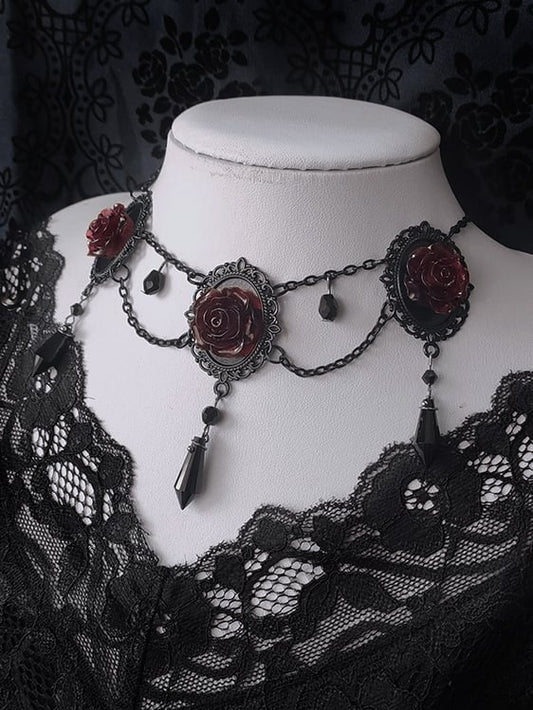 Vintage Black and Red Gothic Rosette Necklace