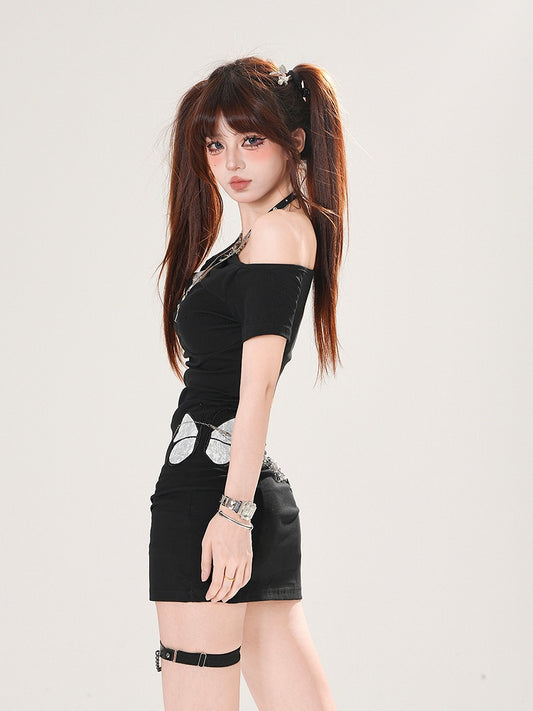 Asymmetrical Neckline Lace Butterfly Appliques Black Mini Bodycon Dress