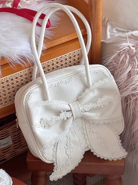 White Square Lolita PU Shoulder Bag Featuring 3 Lace Trim Styles and a Large Bow