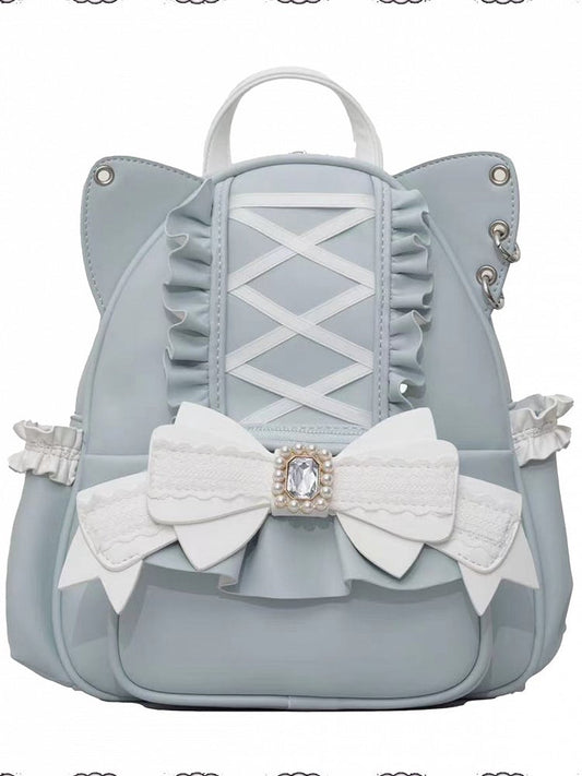 Jirai Kei Light Blue Cat Ear Backpack With Beaded and Rhinestone Bow