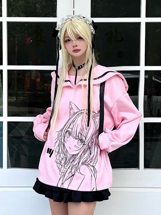 Black/Pink Sailor Collar Sweatshirt with Manga Girl Print and Ribbon Bow Back - Jirai Kei Style